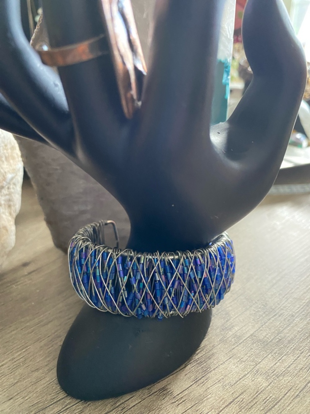 Blue Beaded Cuff Bracelet Wire Wrapped Artisan Made